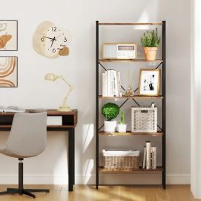 5-Tier Bookshelf, Open Shelves and Heavy Duty Metal Frame - Rustic Brown