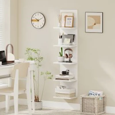5-Tier Wall Mounted Shelf Unit, Wood Grain - White