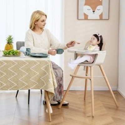 6-in-1 Convertible Wooden Highchair, Safety Harness and Adjustable Legs - Light Brown