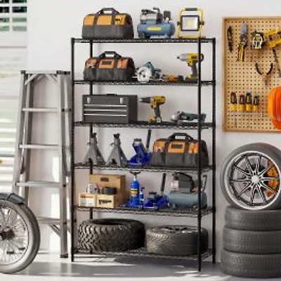 6-Tier Metal Storage Shelving Unit, V-Shaped Wire Rack for Home Garage - Black
