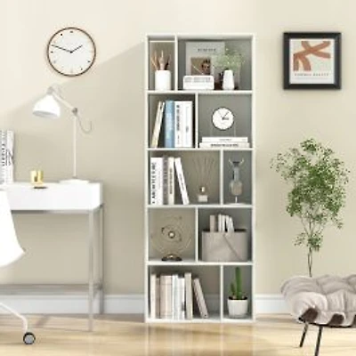 63" 5-Tier Geometric 10-Cube Bookshelf Tall Bookcase - White