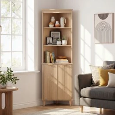 68" Tall Corner Cabinet, Fluted Doors for Bathroom - Oak