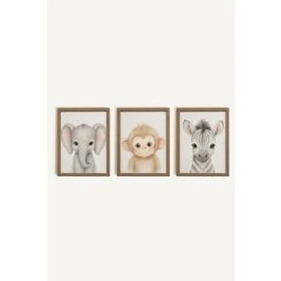 Oleka Safari Mini Framed Canvas Wall Art, Set of 3 - Oak Frame