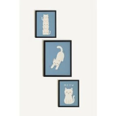 Oleka Blue Kitty Framed Canvas Wall Art, Set of 3 - Black Wood Frame