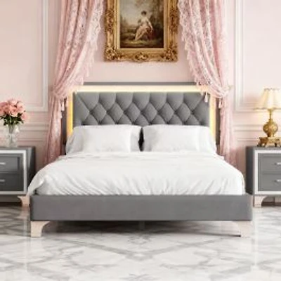 Velvet LED Bed Frame with Tufted Headboard - Queen