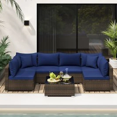 7-Piece Patio Rattan Furniture Set, Sectional Sofa Cushions - Navy