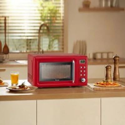 700W Retro Countertop Microwave Oven, 5 Micro Power and Auto Cooking Function - Light Red