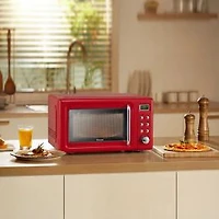 700W Retro Countertop Microwave Oven, 5 Micro Power and Auto Cooking Function - Light Red