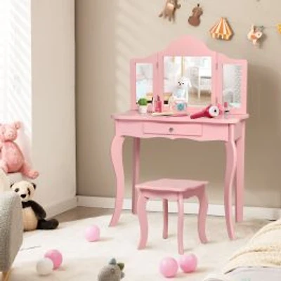 Kids Makeup Dressing Mirror Vanity Table Stool Set - Pink