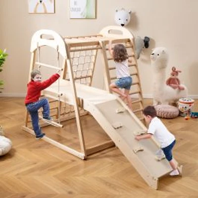 8-in-1 Jungle Gym Wooden Montessori Climber Playset, Slide and Monkey Bar for Kids 3-5 Years Old - Natural