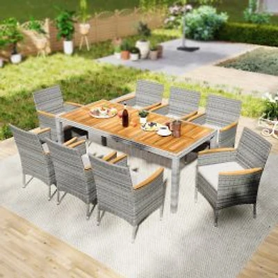 9-Piece Patio PE Wicker Dining Set, For Deck Garden and Yard - White