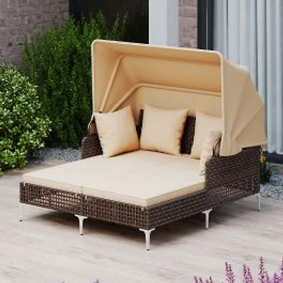 Outdoor Daybed, Retractable Canopy PE Wicker Rattan Patio Lounger - Brown
