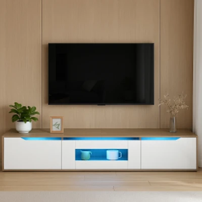 71"High-Gloss White & Wood TV Stand with 16-Color LED Lighting