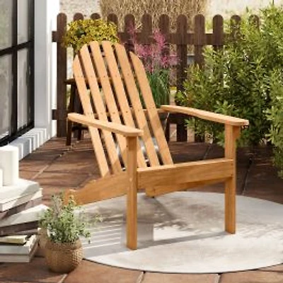 Acacia Wood Patio Adirondack Chair, Inclined Seat and High Backrest for Porch Poolside - Natural