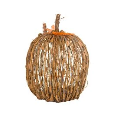 Sitting Ochre Wood Stick Pumpkin Warm White LED Display