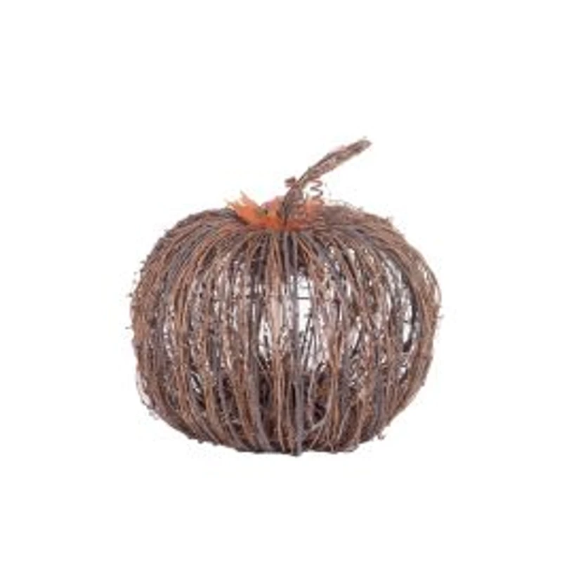 Sitting Umber Wood Stick Pumpkin Warm White LED Display