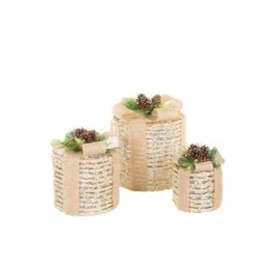 Boîtes-cadeau circulaire en corde de sisal DEL blanc chaud et pommes de pin