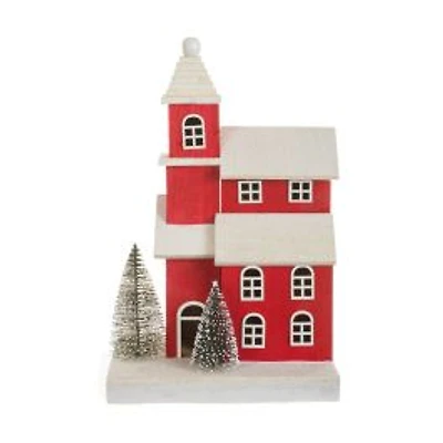 Frosted Red and White Wooden Home LED Display with Pine Trees