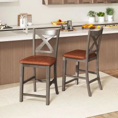 Bar Stools Set of 2, Cross Back and Faux Leather Upholstered Seat - Gray