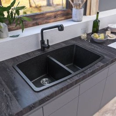 Soothera Granite Double Bowl Top Mount Kitchen Sink - Black