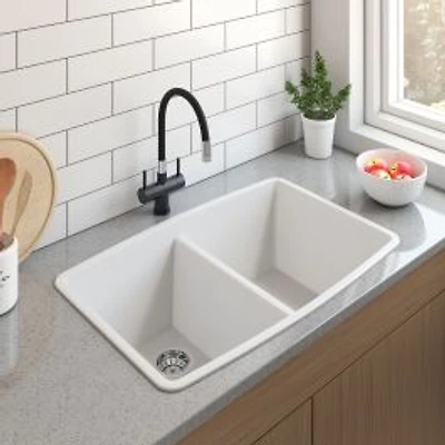 Soothera Granite Double Bowl Top Mount Kitchen Sink - White