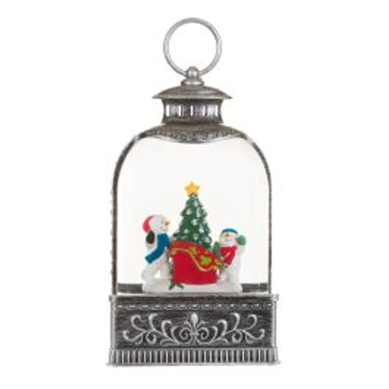 Silver Plastic Lantern Cool White LED Snow Globe Snow Family Adventure
