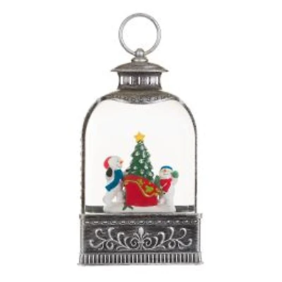 Silver Plastic Lantern Cool White LED Snow Globe Snow Family Adventure