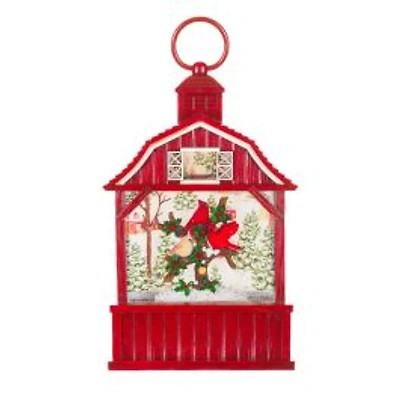 Red Plastic Barnhouse Warm White LED Water Lantern with Cardinals