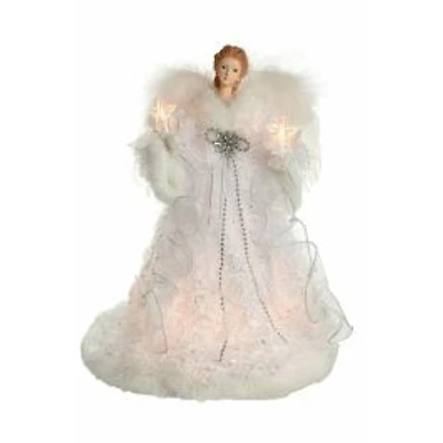 Cime de sapin ange moderne en tissu blanc/argent à 10 lumières