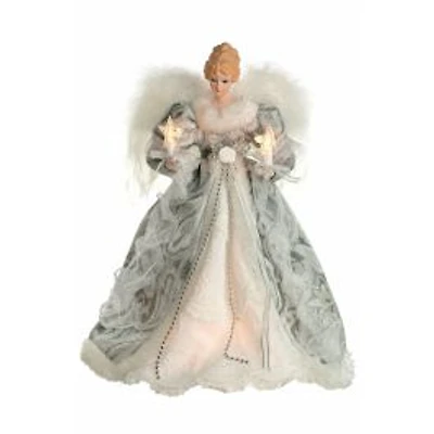 Silver and White Cloth Vintage 10-Light Angel Tree Topper White Fluffy Wings