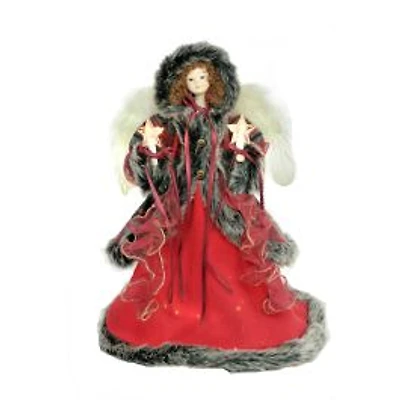 Red and Black Cloth Hooded 10-Light Angel Tree Topper Brown Hair