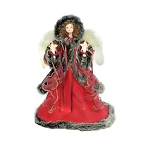Red and Black Cloth Hooded 10-Light Angel Tree Topper Brown Hair