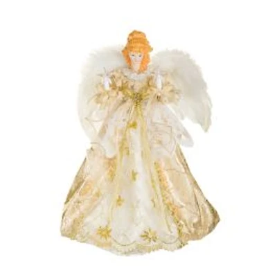 Gold and Ivory Fabric 10-Light Angel Tree Topper with Stars