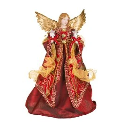 Red and Gold Fabric 10-LIGHT Angel Tree Topper Holding Stars