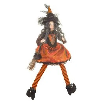 Sitting Orange and Black Cloth Compelling Witch Figure Broomstick