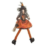 Sitting Orange and Black Cloth Compelling Witch Figure Broomstick