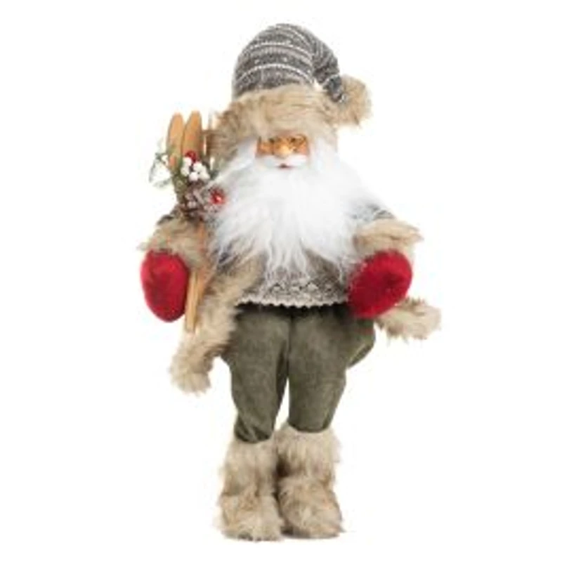 Sitting Striped White and grey Knitted Alpine Santa Figurine Skis