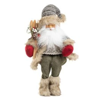 Sitting Striped White and grey Knitted Alpine Santa Figurine Skis