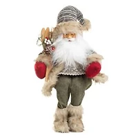 Sitting Striped White and grey Knitted Alpine Santa Figurine Skis