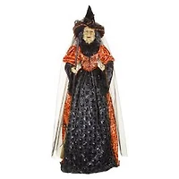 Orange and Black Fabric Veiled Witch Figure Floral Vine Dress