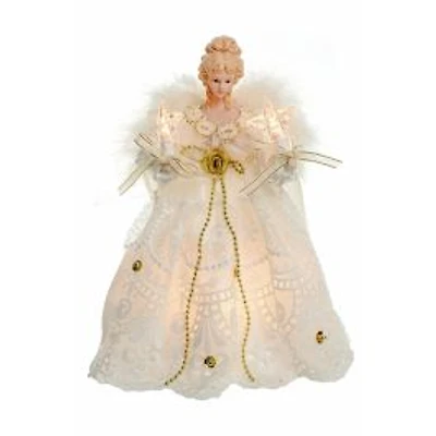 Petite cime de sapin ange vintage en tissu blanc avec jupe en lin, à 10 lumières