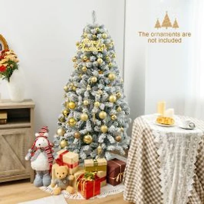 Artificial Flocked Hinged Christmas Tree with Metal Stand - 6 ft