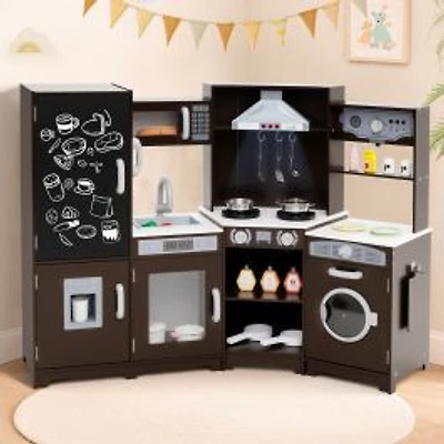 Corner Wooden Play Kitchen, Lights and Sounds Large Pretend Play Kitchen Set - Espresso