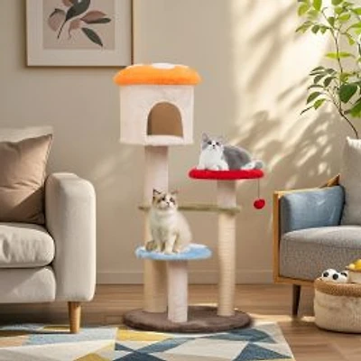 Cute Mushroom Cat Tree, Sisal Scratching Posts Top Condo and Padded Platforms - Multicolor