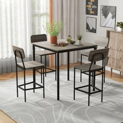 5-Piece Counter-Height Dining Bar Table Set, 4 Bar Chairs - Gray