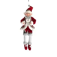 Hangable Red and Silver Cloth Fancy Elf Figurine with Posable Hat