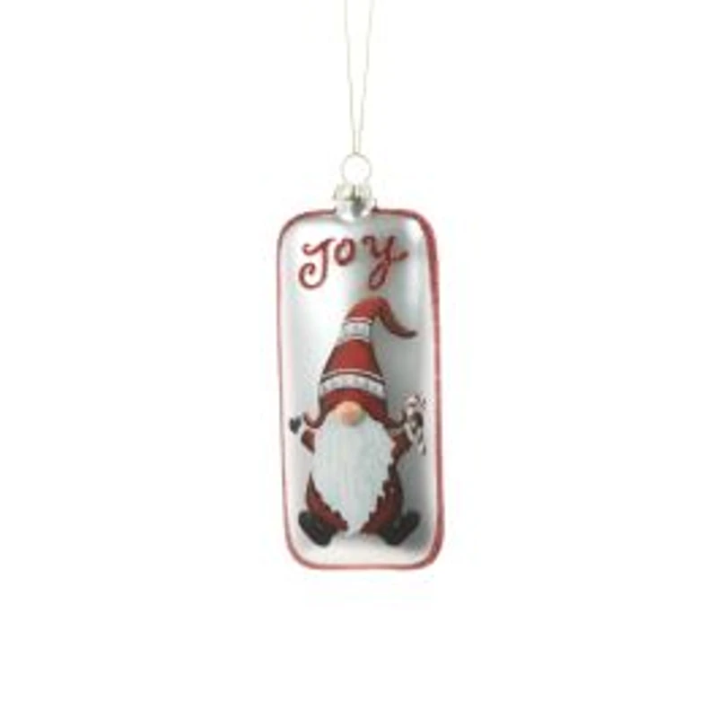 Red and Silver Glass Holiday Gnome Sign Ornament "Joy", Pack of 3