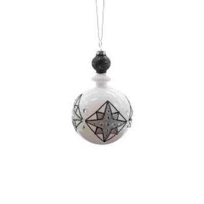 White and Black Glass Reverse Finial Ornament North Star Pattern, Pack of 3
