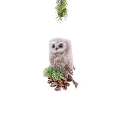 Hanging grey Cloth Owl Ornament On Pinecone, Pack of 8