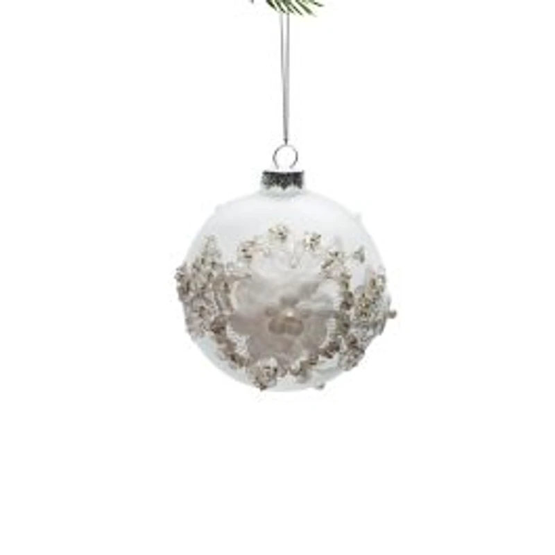 Clear and White Glass Ornate Floral Ball Ornament, Pack of 3